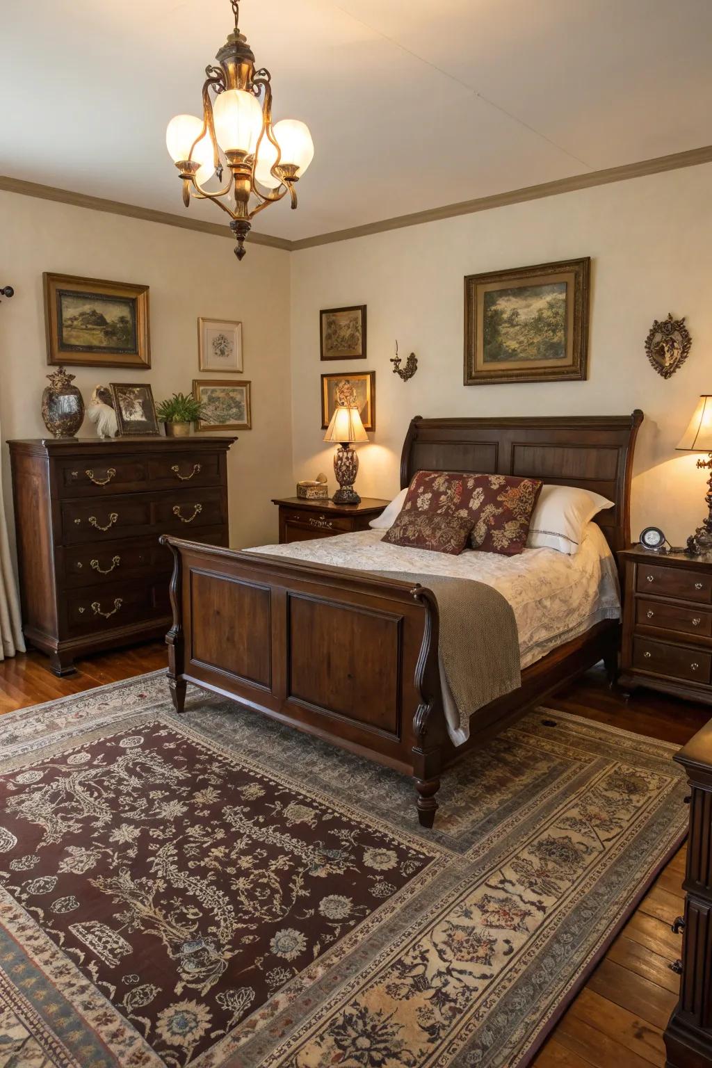 Vintage finds enrich deep brown settings with history and charm.