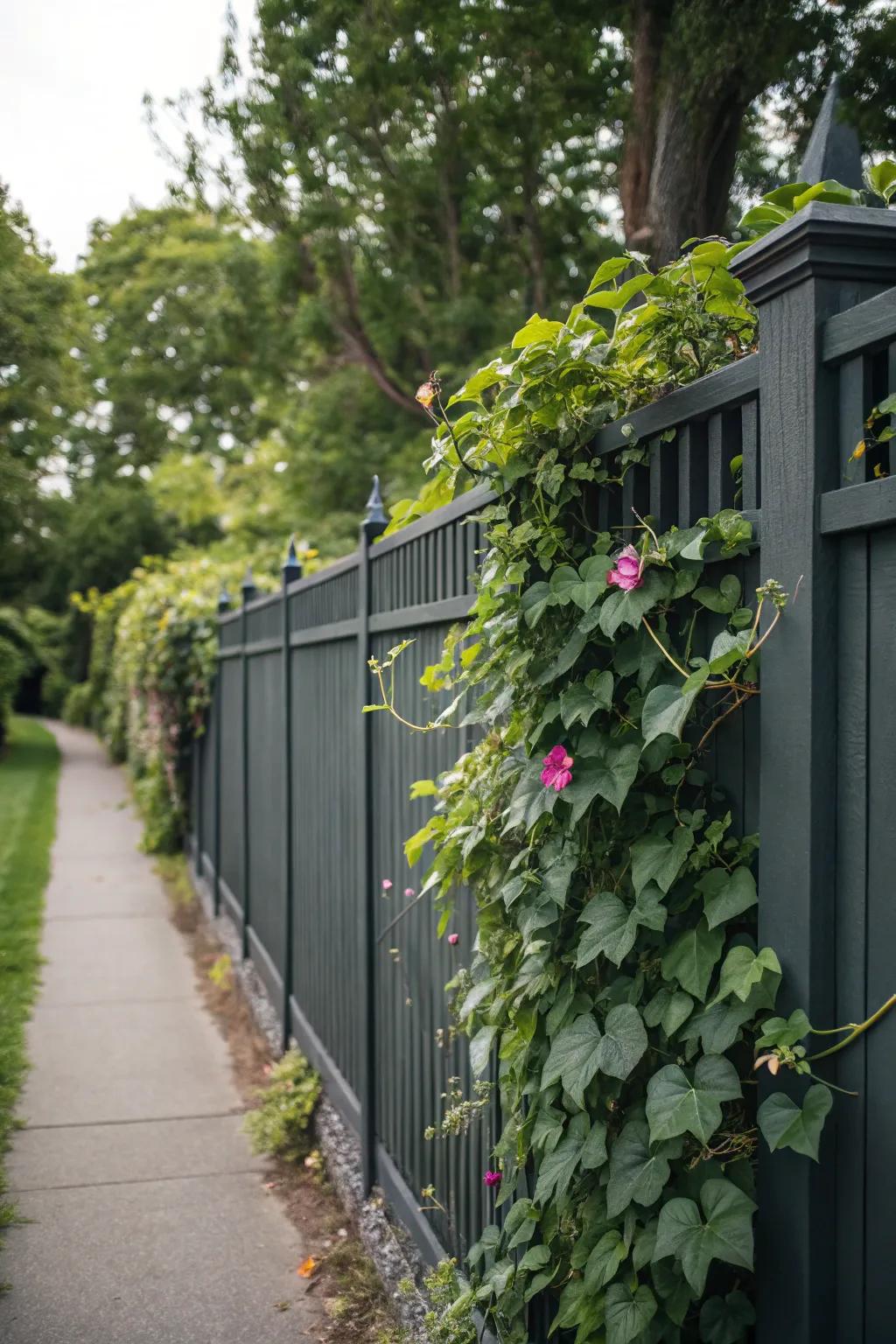 A charcoal-toned enclosure transformed into a lush living wall with climbing plants.