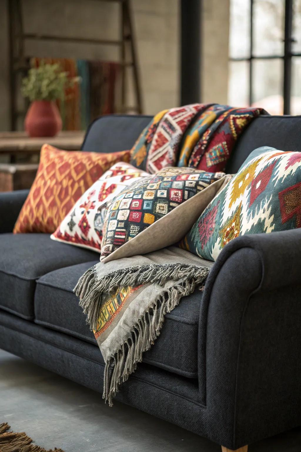 Merging motifs appends a spirited accent to a gray couch setting.