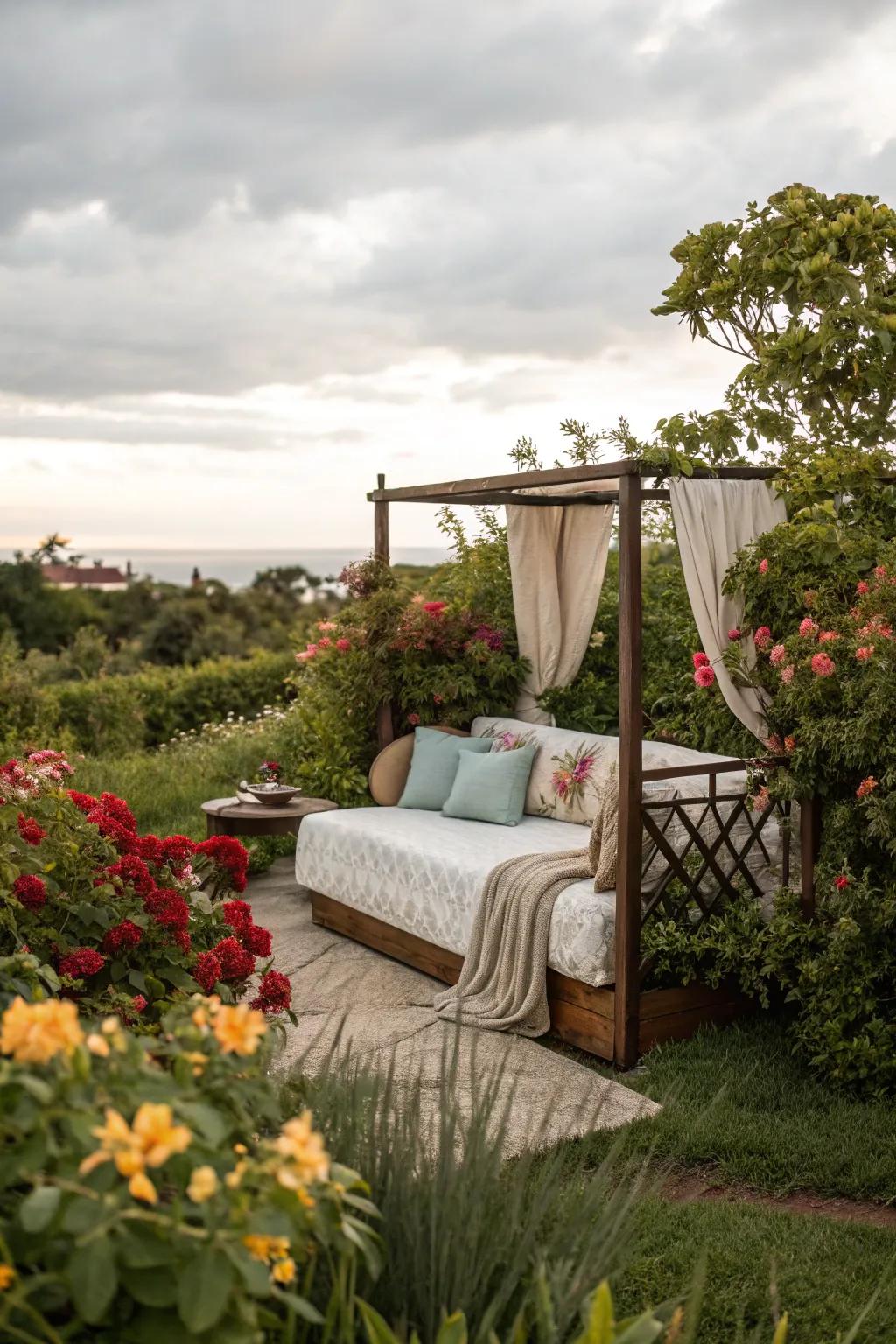 An outdoor daybed creates a serene escape in the garden.