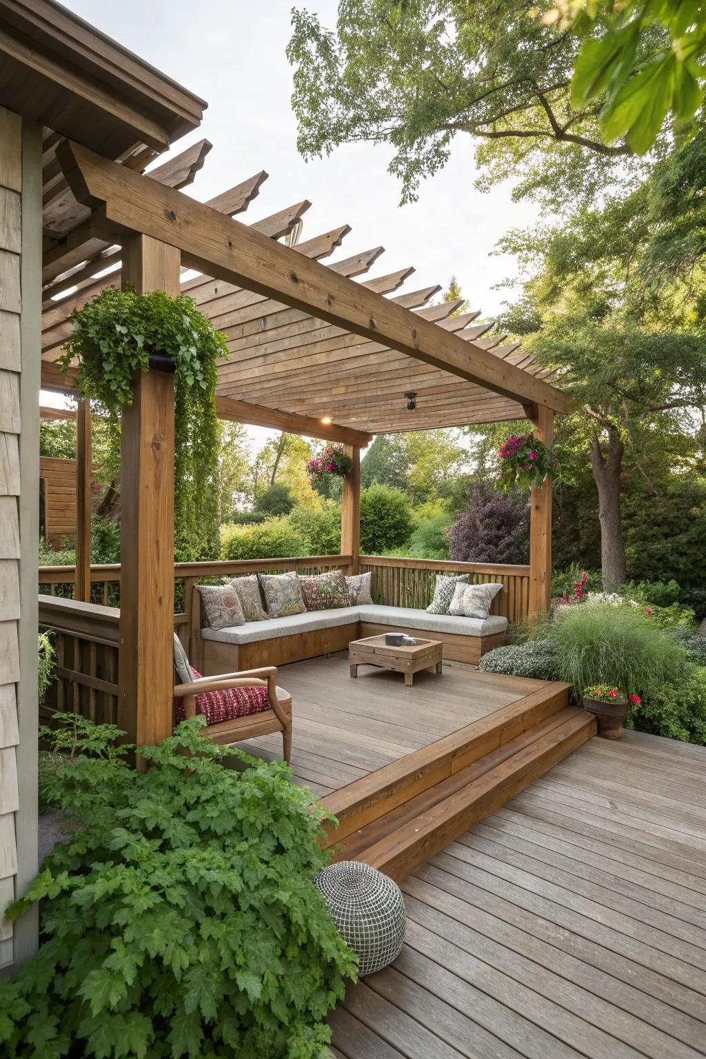 A pergola with built-in seating for an inviting, space-saving solution.