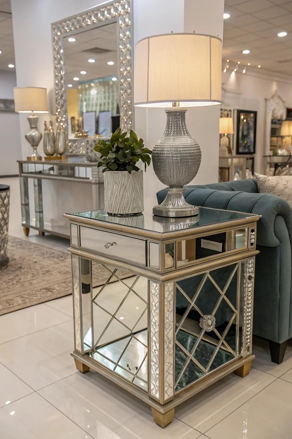 Reflective furnishings infuse a sophisticated and glamorous touch.