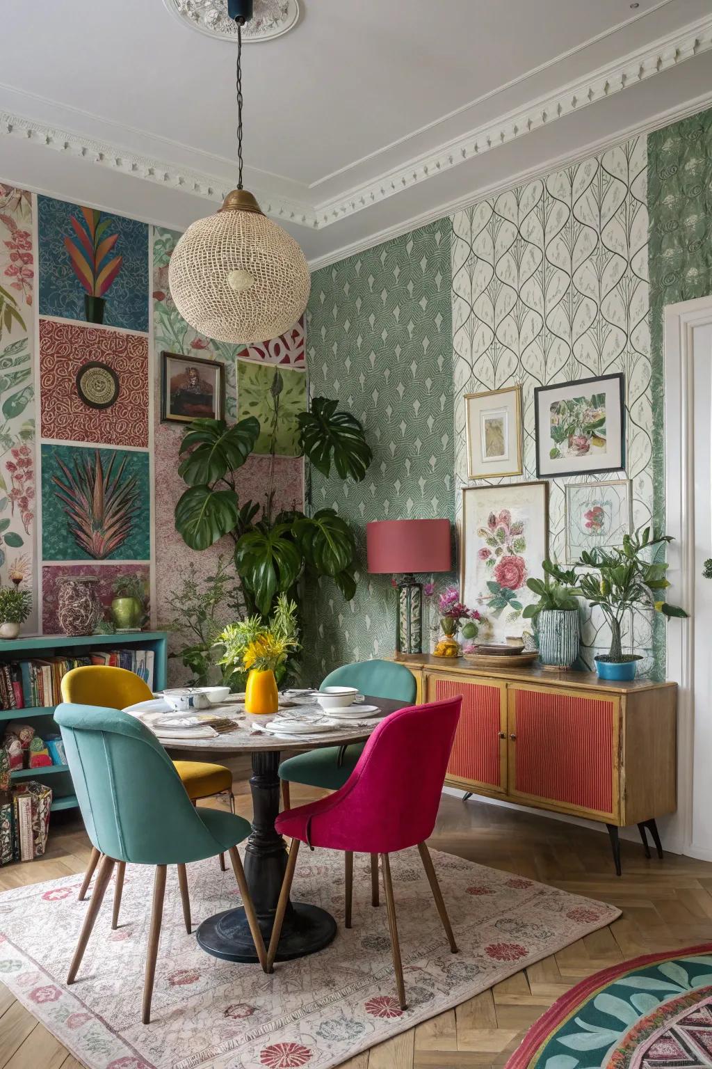 An eclectic fusion of wallpapers engenders a dining space that is both dynamic and visually intriguing.