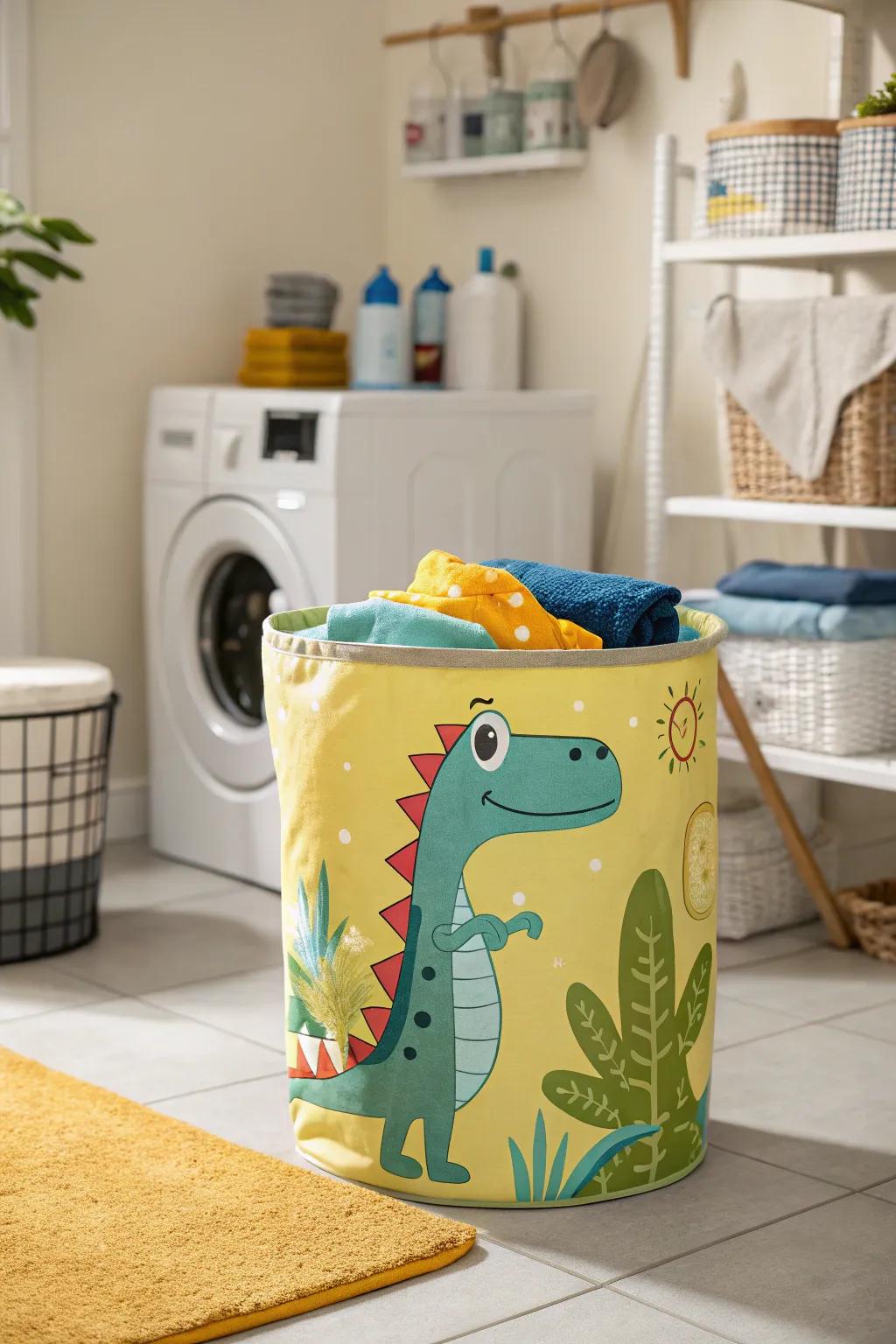 A reptile-themed washing hamper bringing enjoyment to duties.
