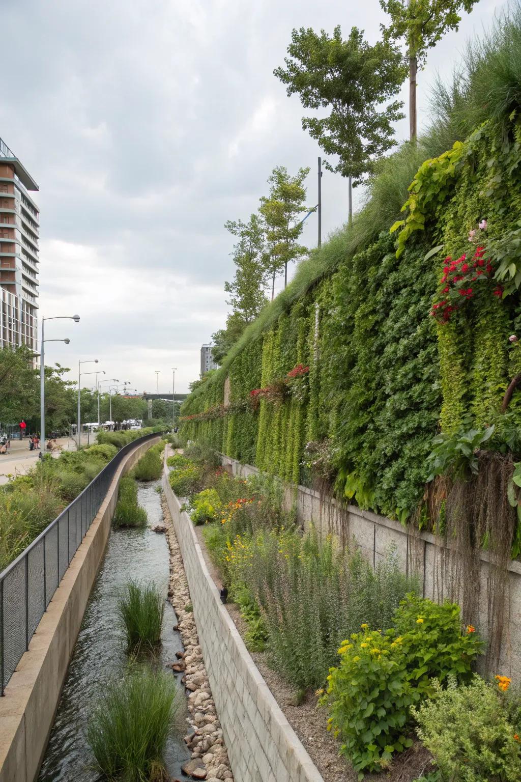 A towering garden appends a lavish mural impression along a swale’s border.