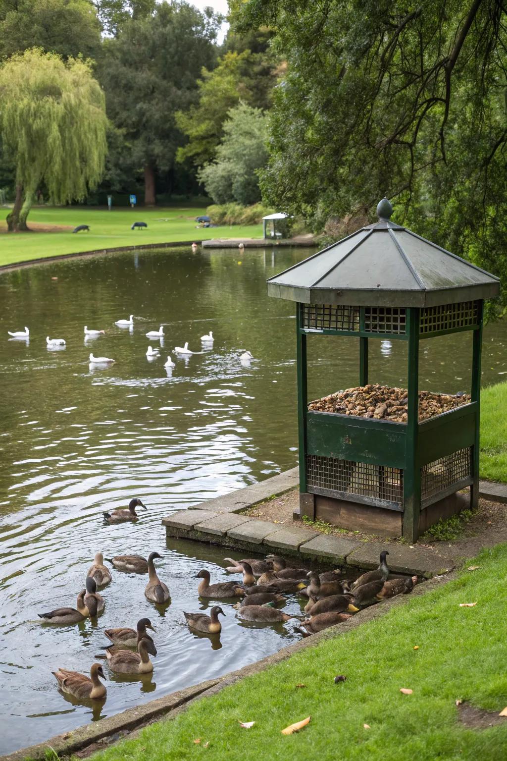 A feeding area encourages ducks to discover and remain at the pond.