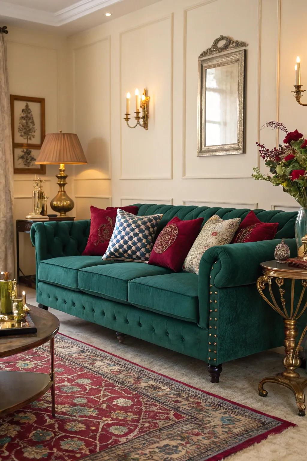 A striking jewel-toned palette enhances the emerald sofa.