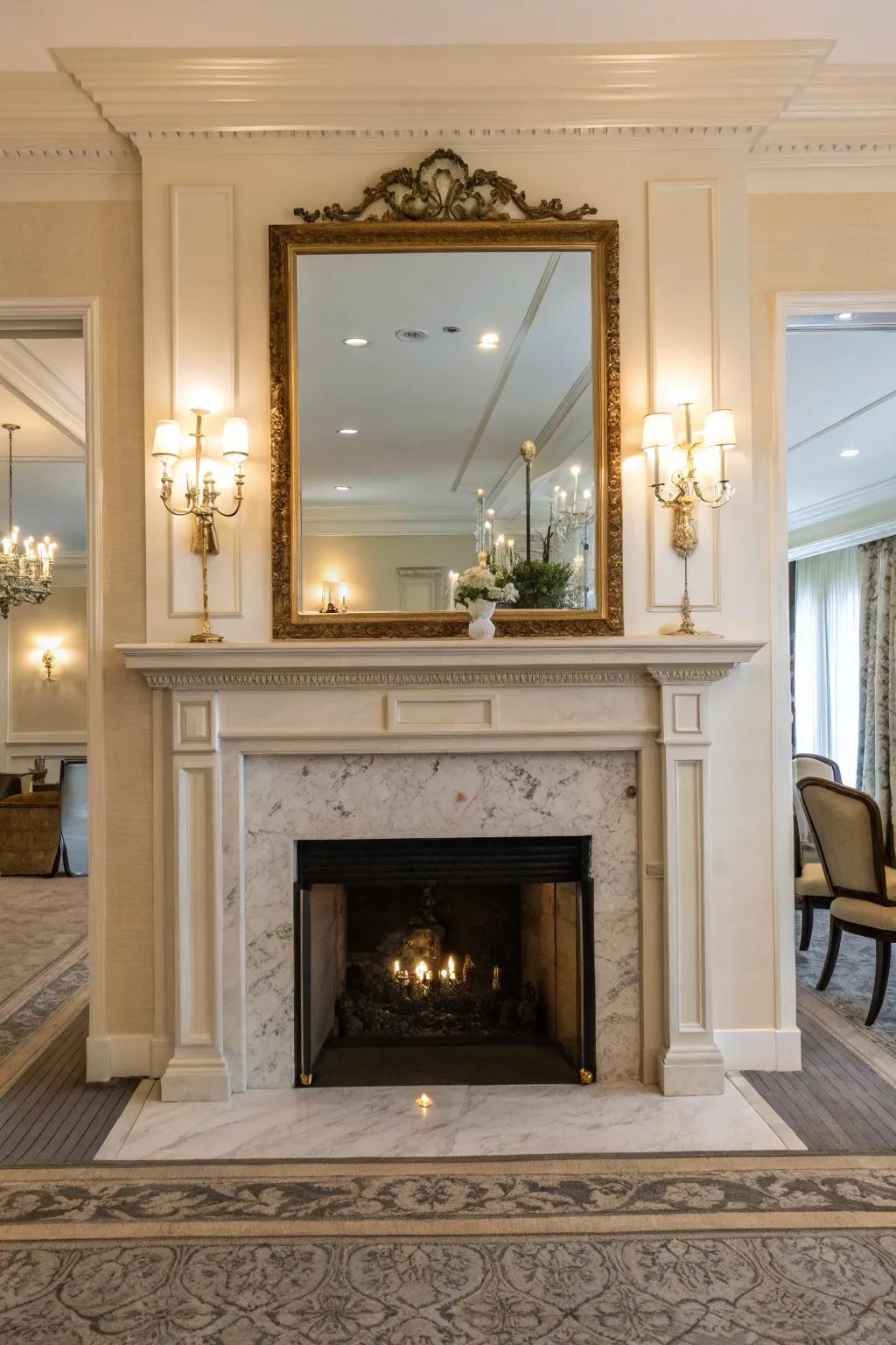 Incorporate glamour using a mirror backdrop in your fireplace.