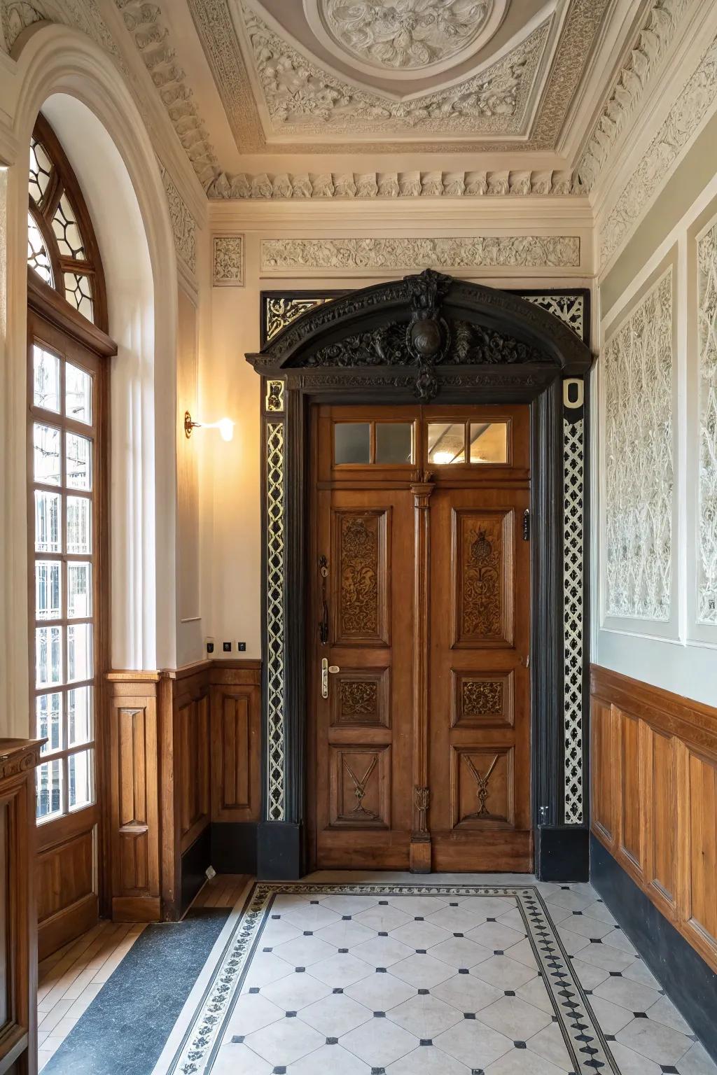 Contrast trim enhances the visual appeal of entryway walling.