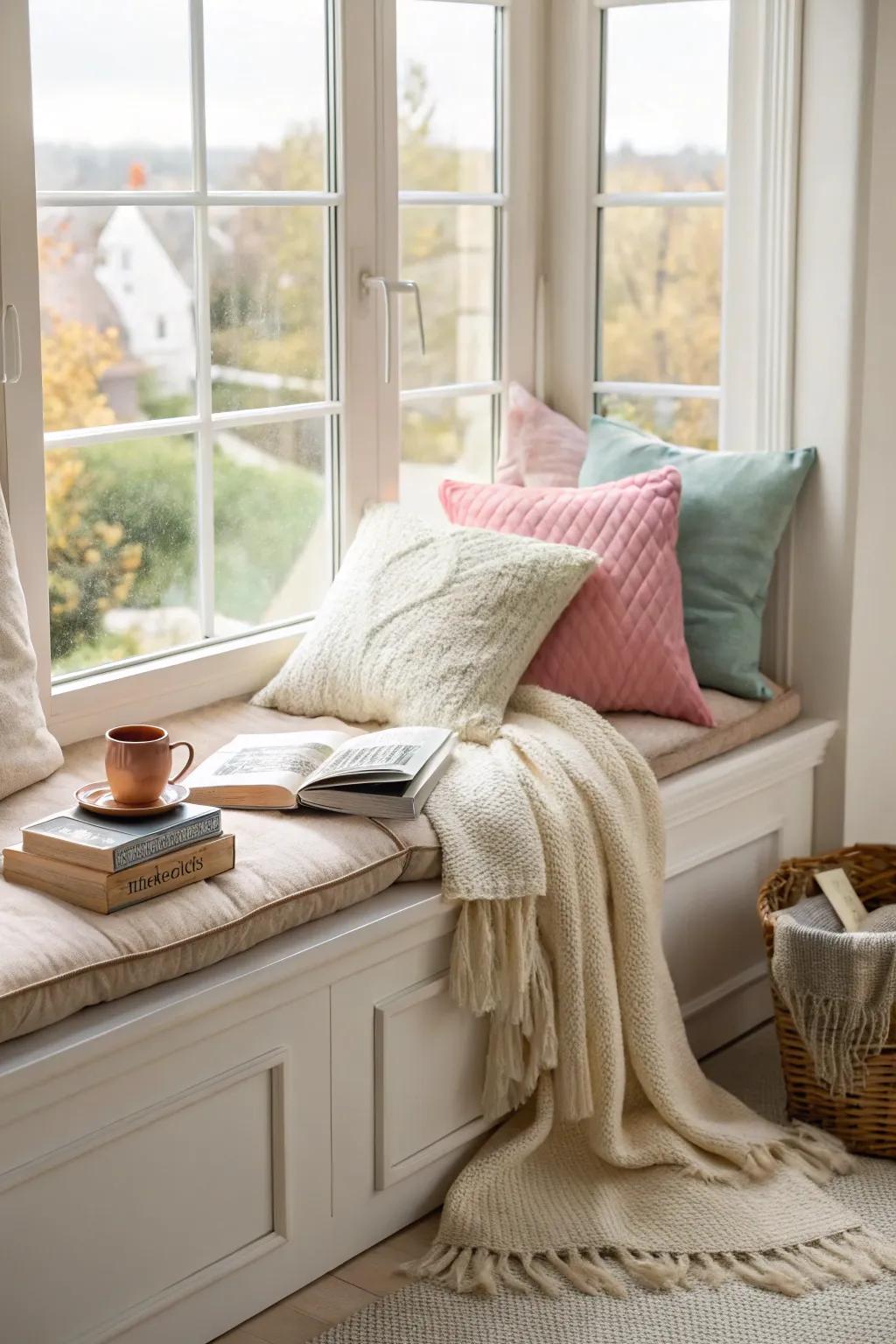 A cozy window seat provides a perfect spot to enjoy the fall view.