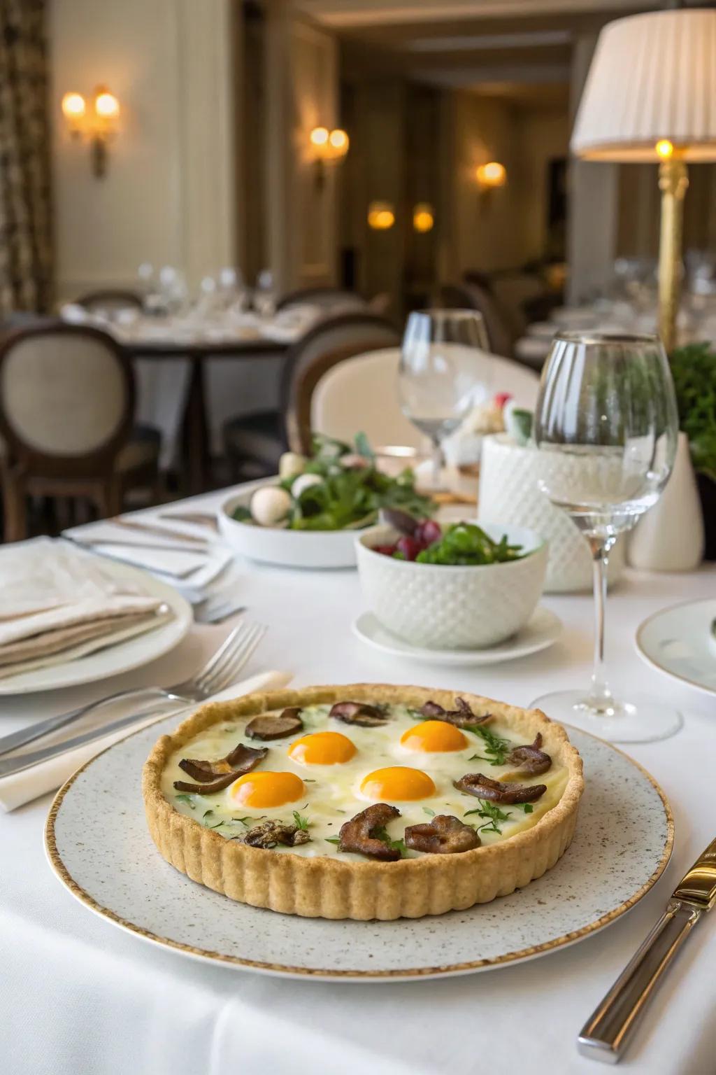 Eggs and mushroom cake make for a sophisticated and gourmet presentation.