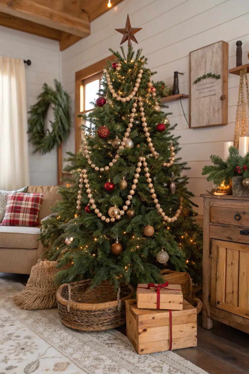 Timber beads introduce a simple, rustic touch to this farmhouse Christmas tree.