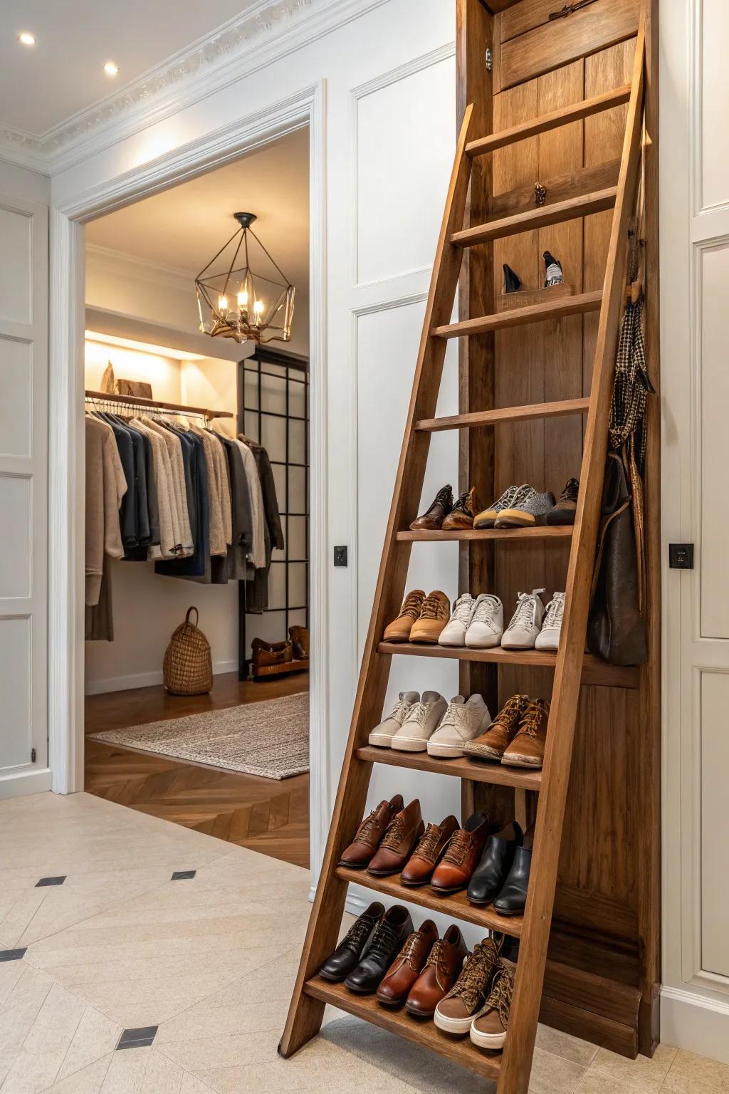 Unique shoe storage solution with a rustic ladder