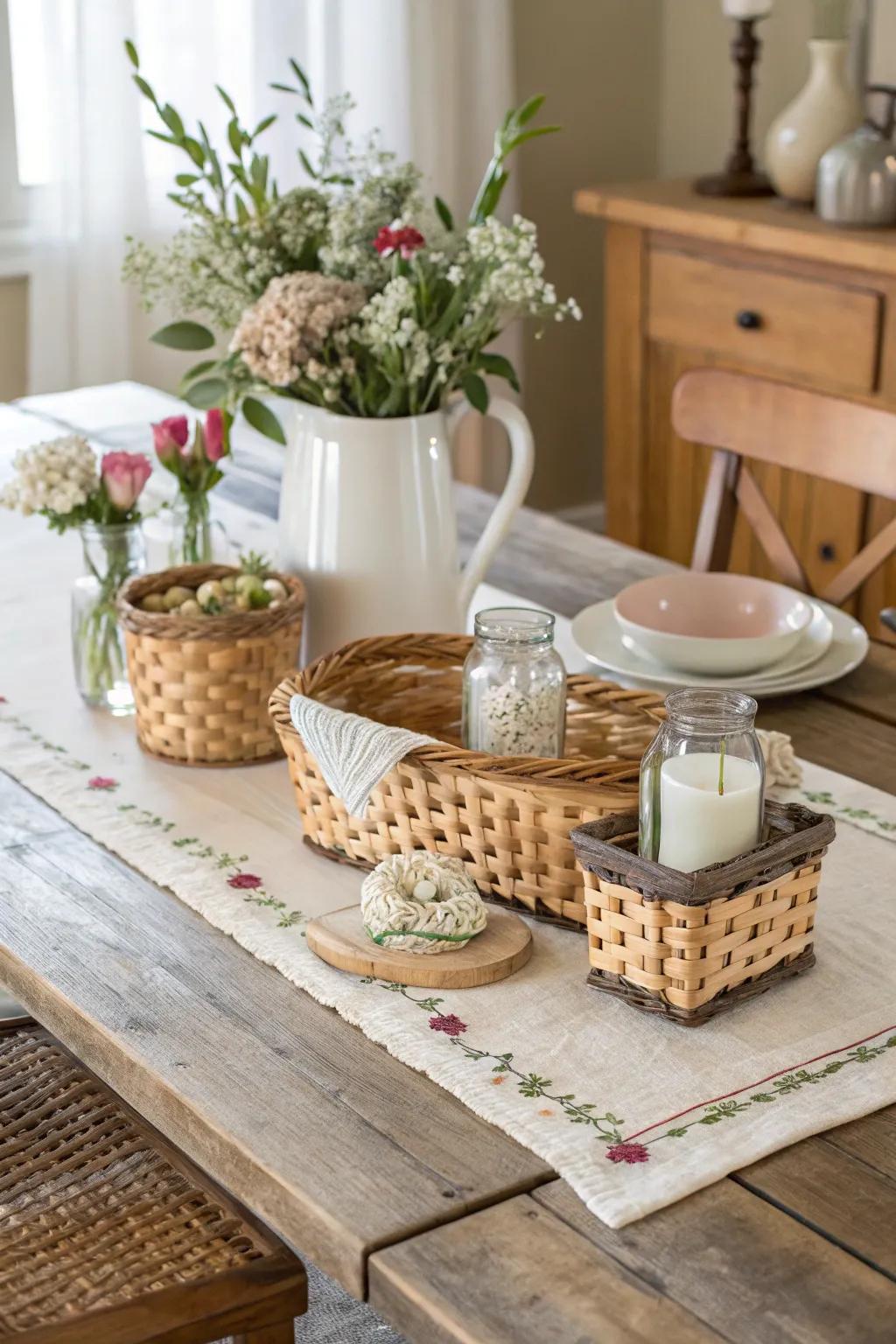 Woven baskets add texture and functionality to the table.