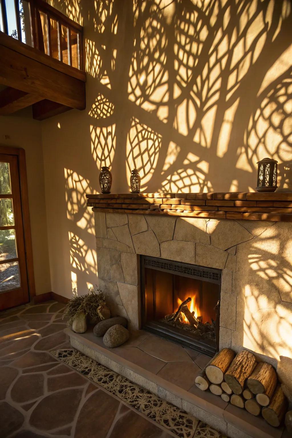 Shadow play appends an artistic accent to fireplace illumination.