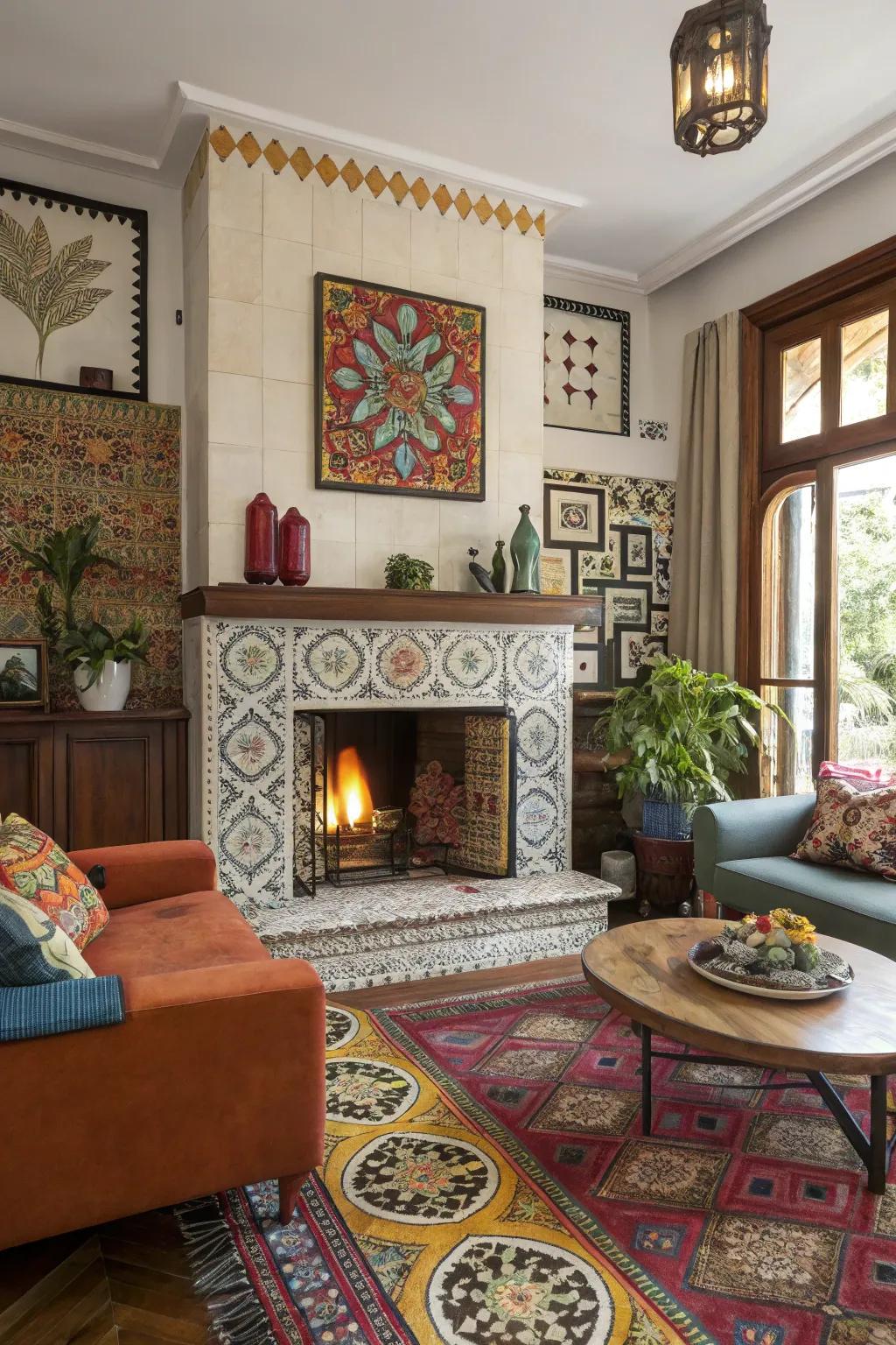 An artistic living space showcasing a fireplace accented with eclectic patterned sections.