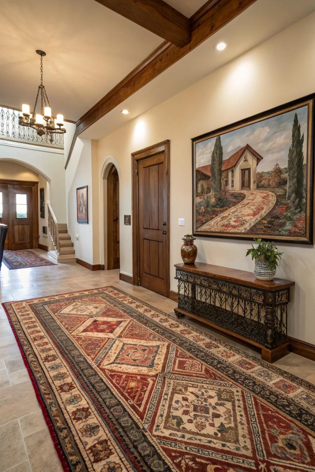 Cultural elements in an entryway enrich the space with history and personal stories.