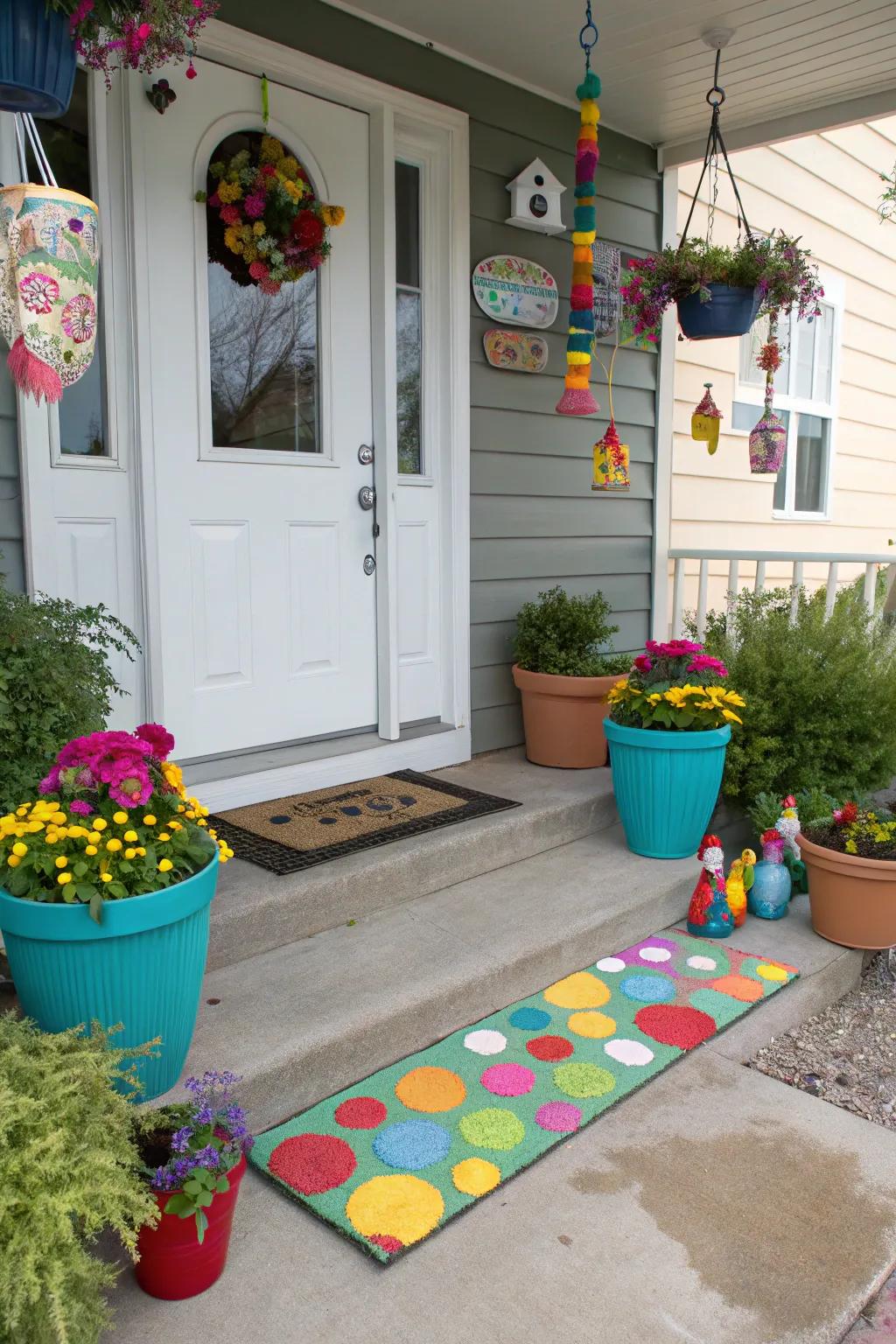 A whimsical doormat with playful designs.