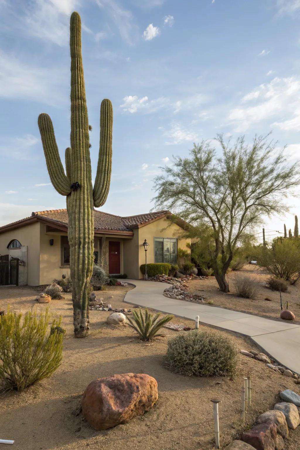 A towering saguaro acts as a garden centerpiece.