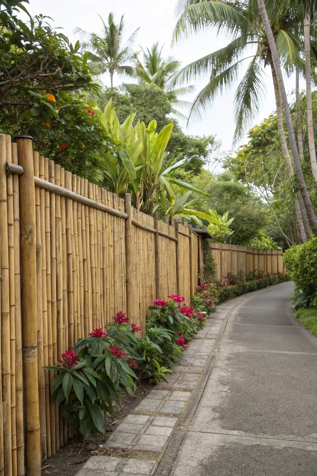 An exotic cane boundary adds a touch of paradise to this serene entrance setting.