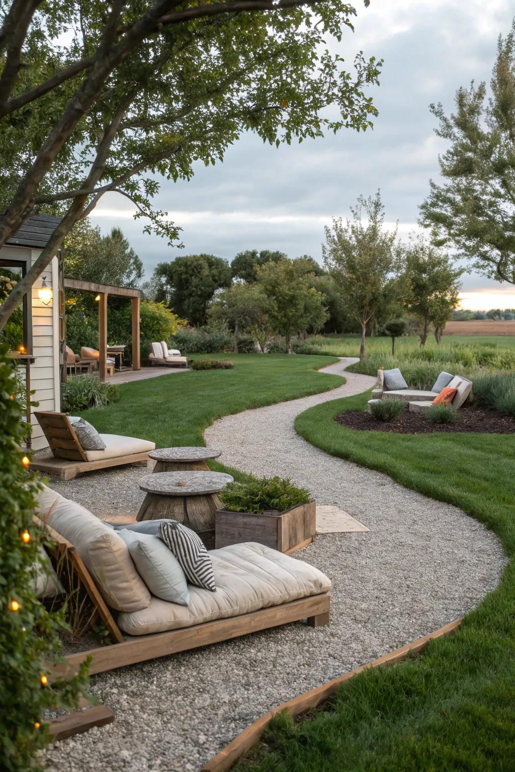 Snug seating alcoves among gravel pathways beckon repose.