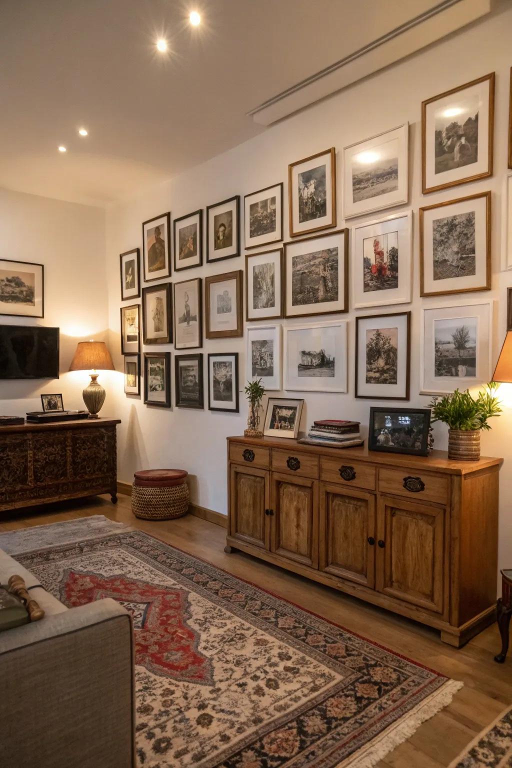 A vintage ambiance created with antique frames, adding a touch of nostalgia.