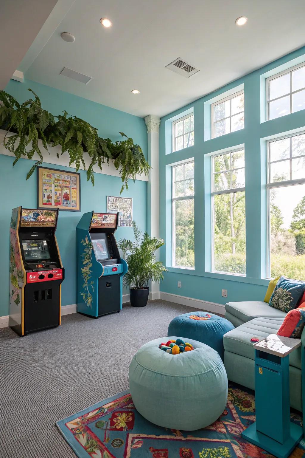 Azure sky walls bring calmness and openness, perfect for a game room.