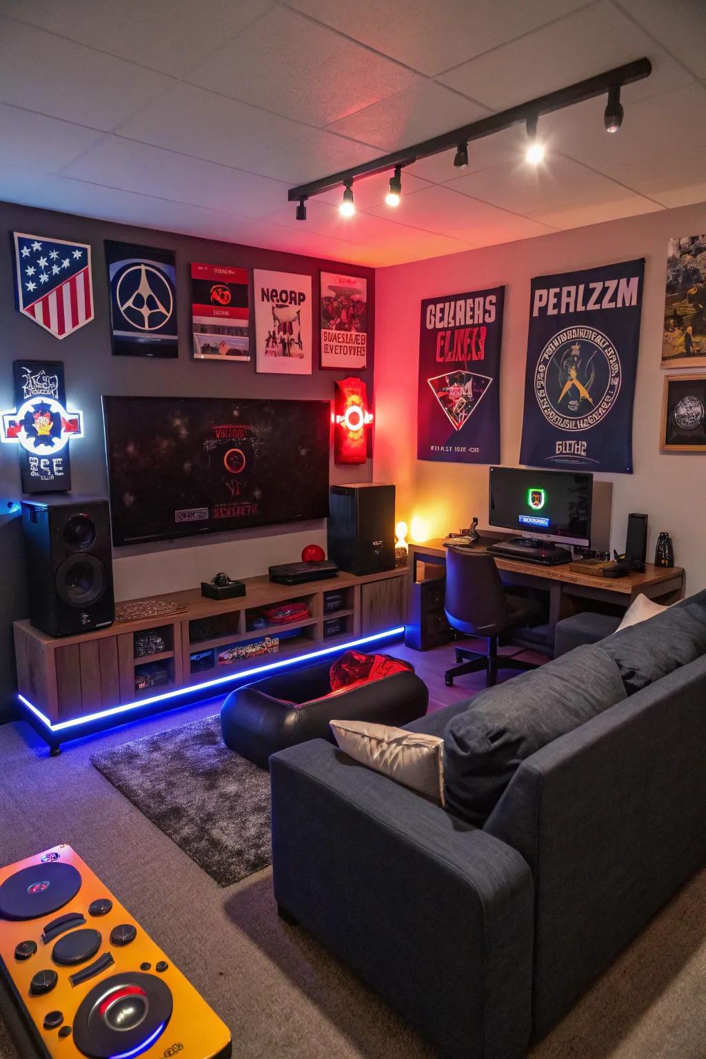Brand homages personalize this gaming space with pizzazz.