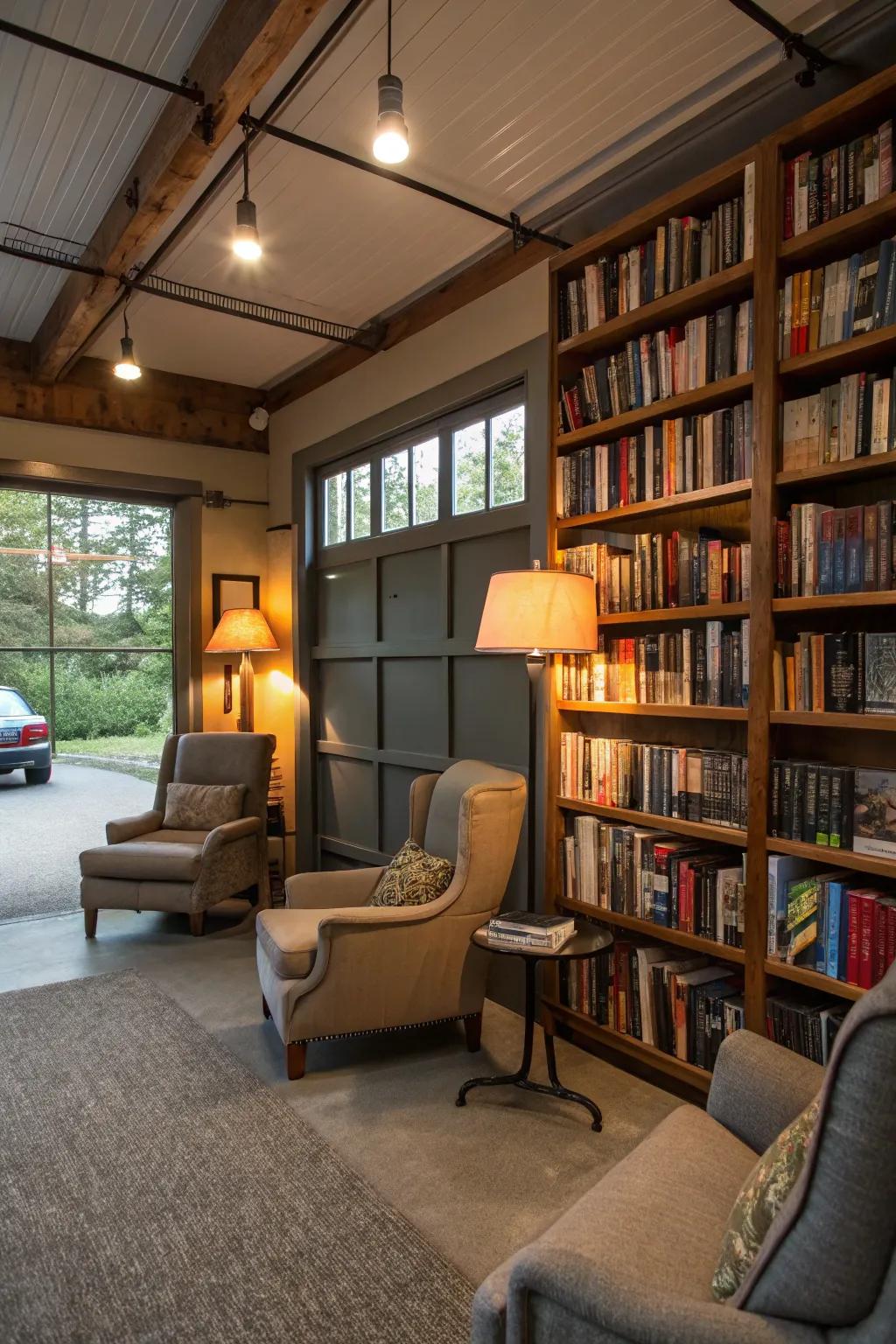 A calm library in a garage.