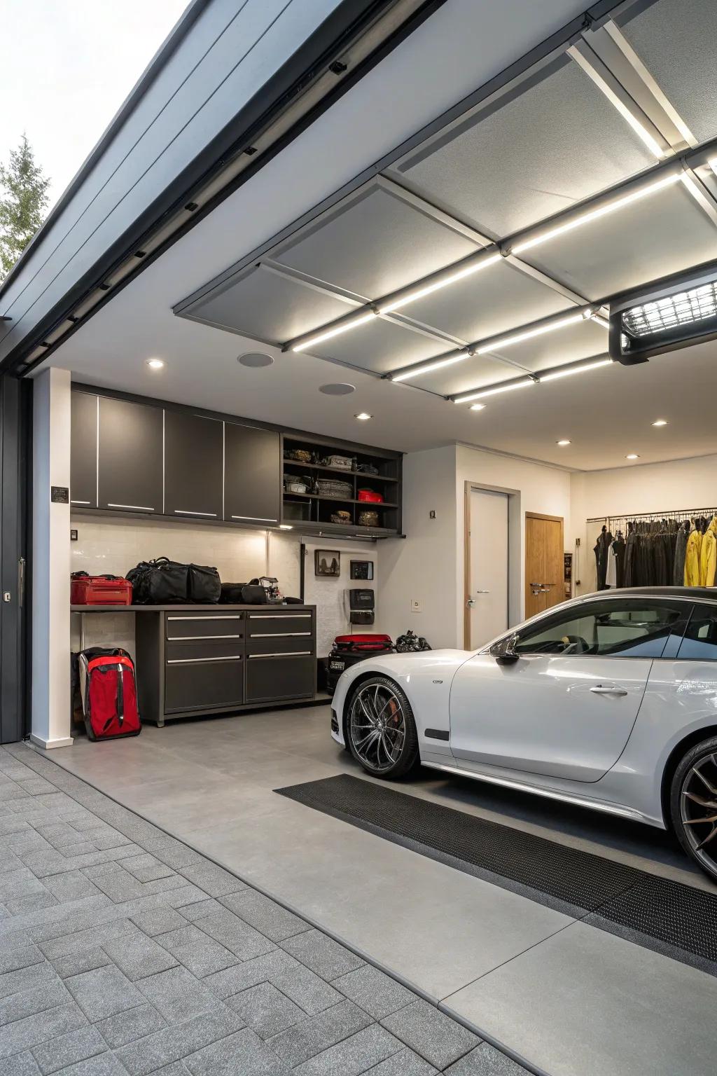 A roof extension with concealed storage mechanisms keeps the garage organized.