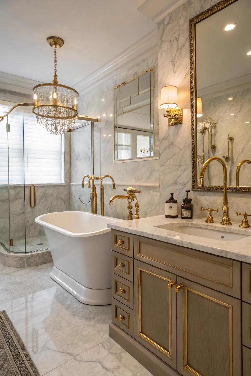 An elegant bathroom featuring mixed metal fixtures.