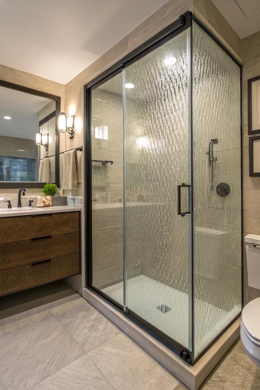 Fluted glass enhances elegance and privacy.
