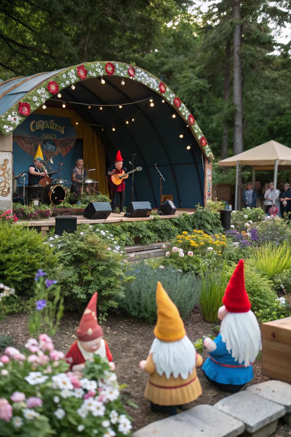 A lively gnome music festival ready to entertain.