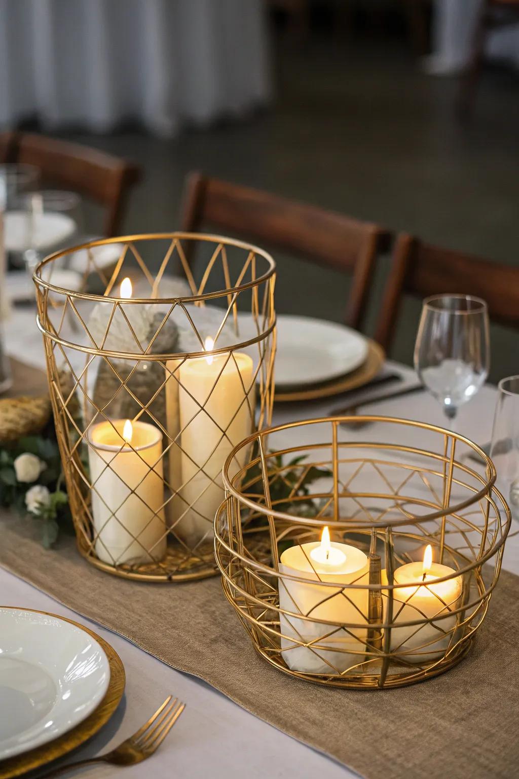 Industrial chic through gilded wire baskets and lights.