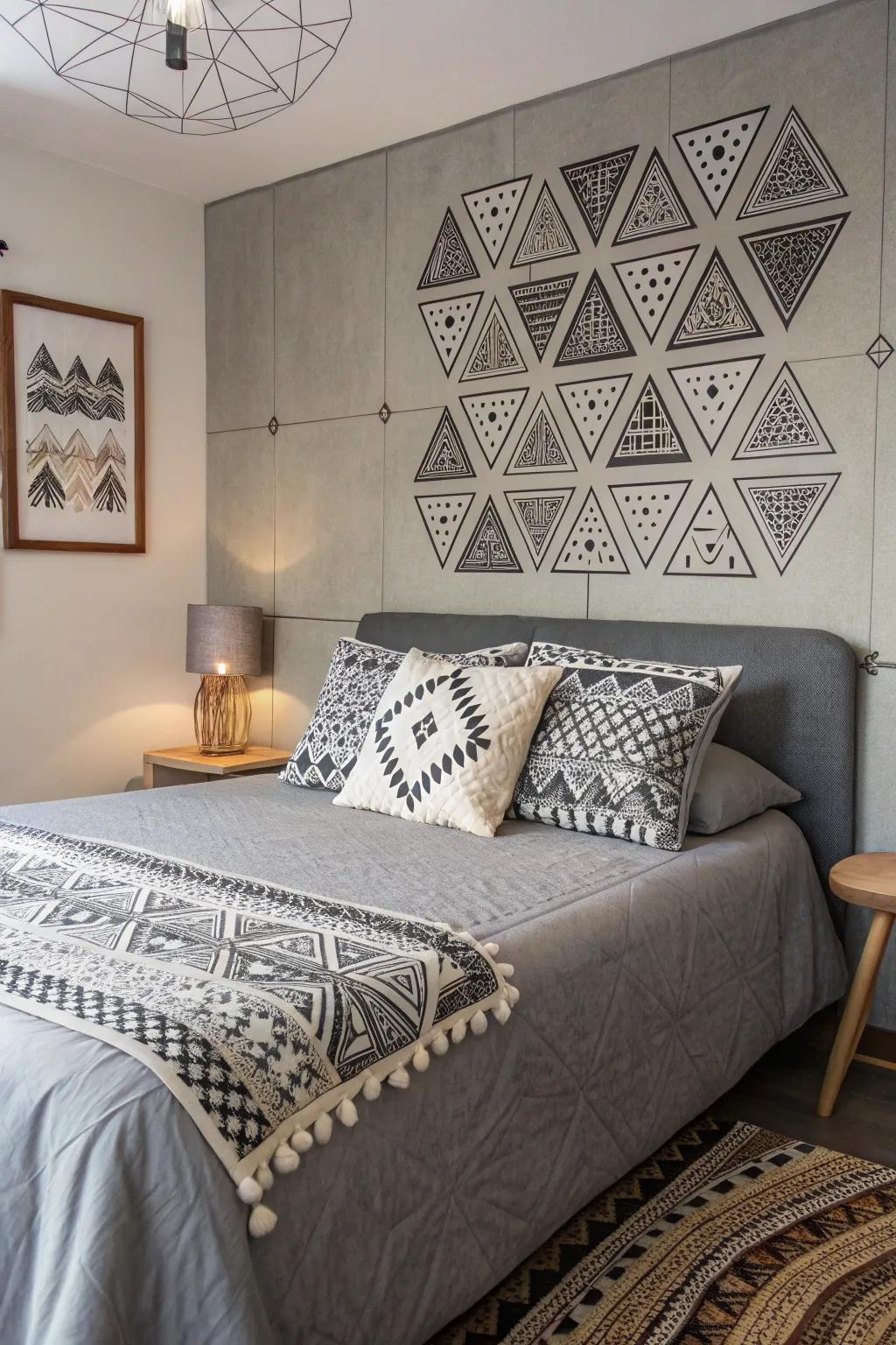 The addition of geometric motifs injects a contemporary sharpness within the gray context.