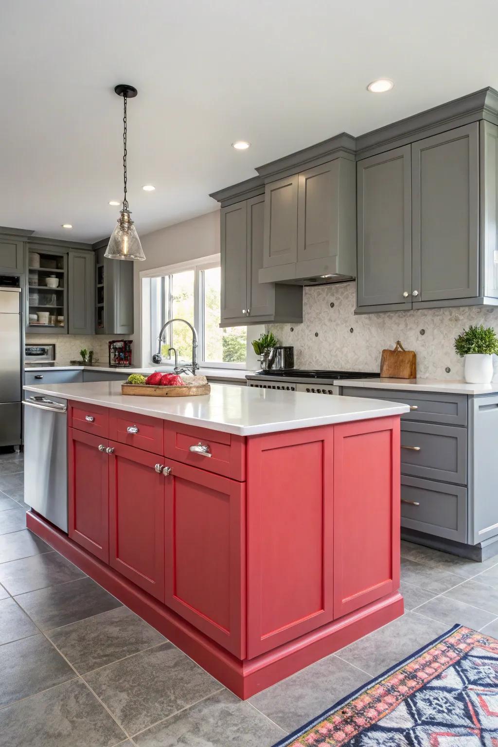 A vibrant island makes a statement set against gray cabinets.