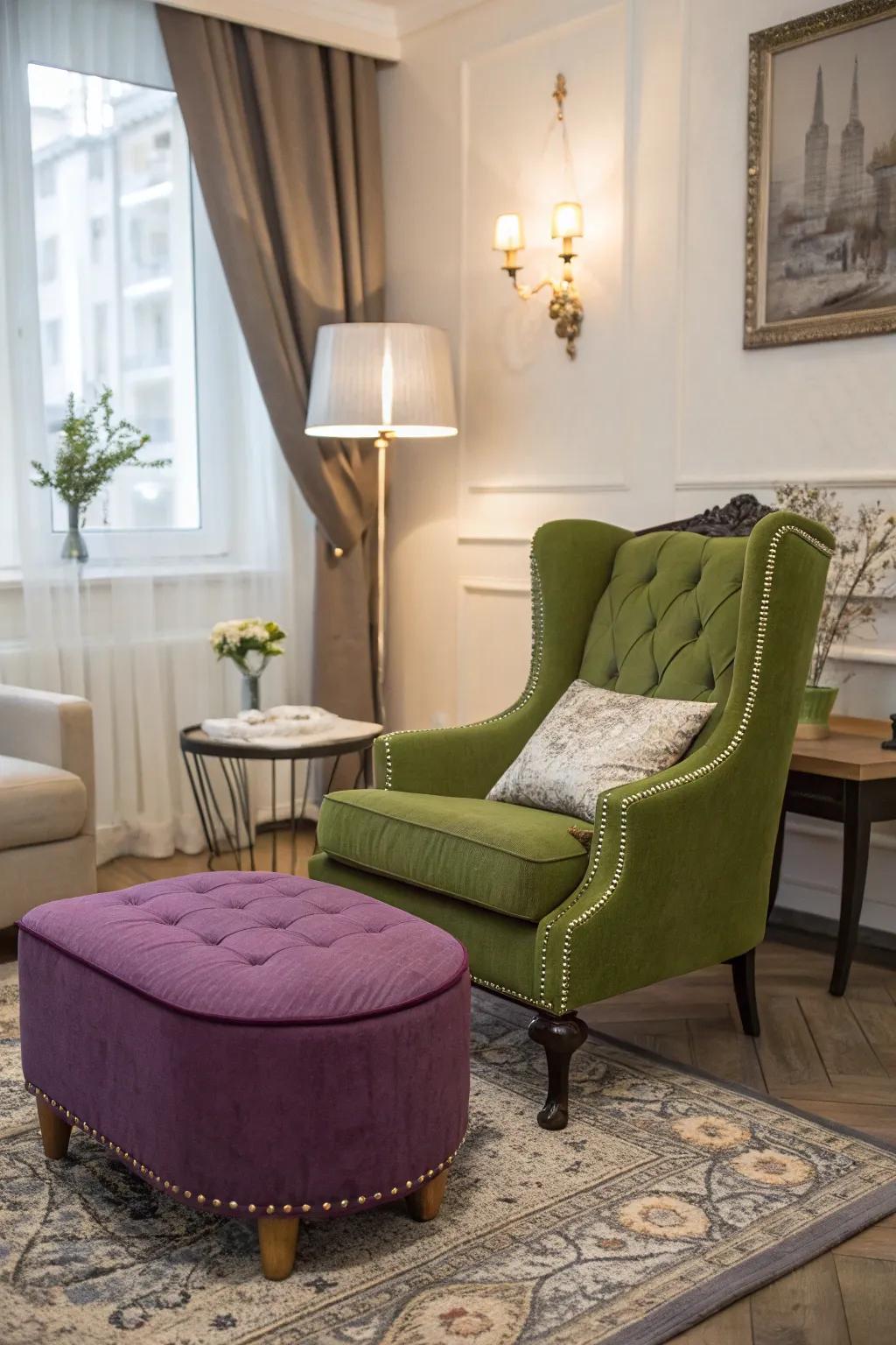 Focal point furniture anchoring the parlor.