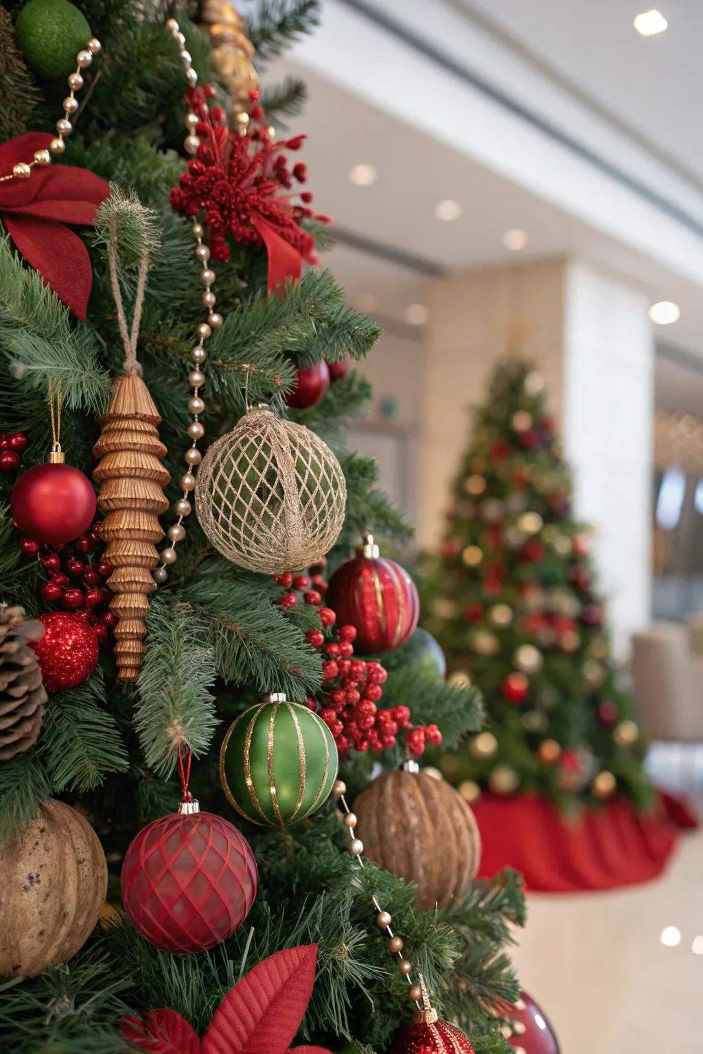 An eclectic Christmas tree with diverse red and green decorations.
