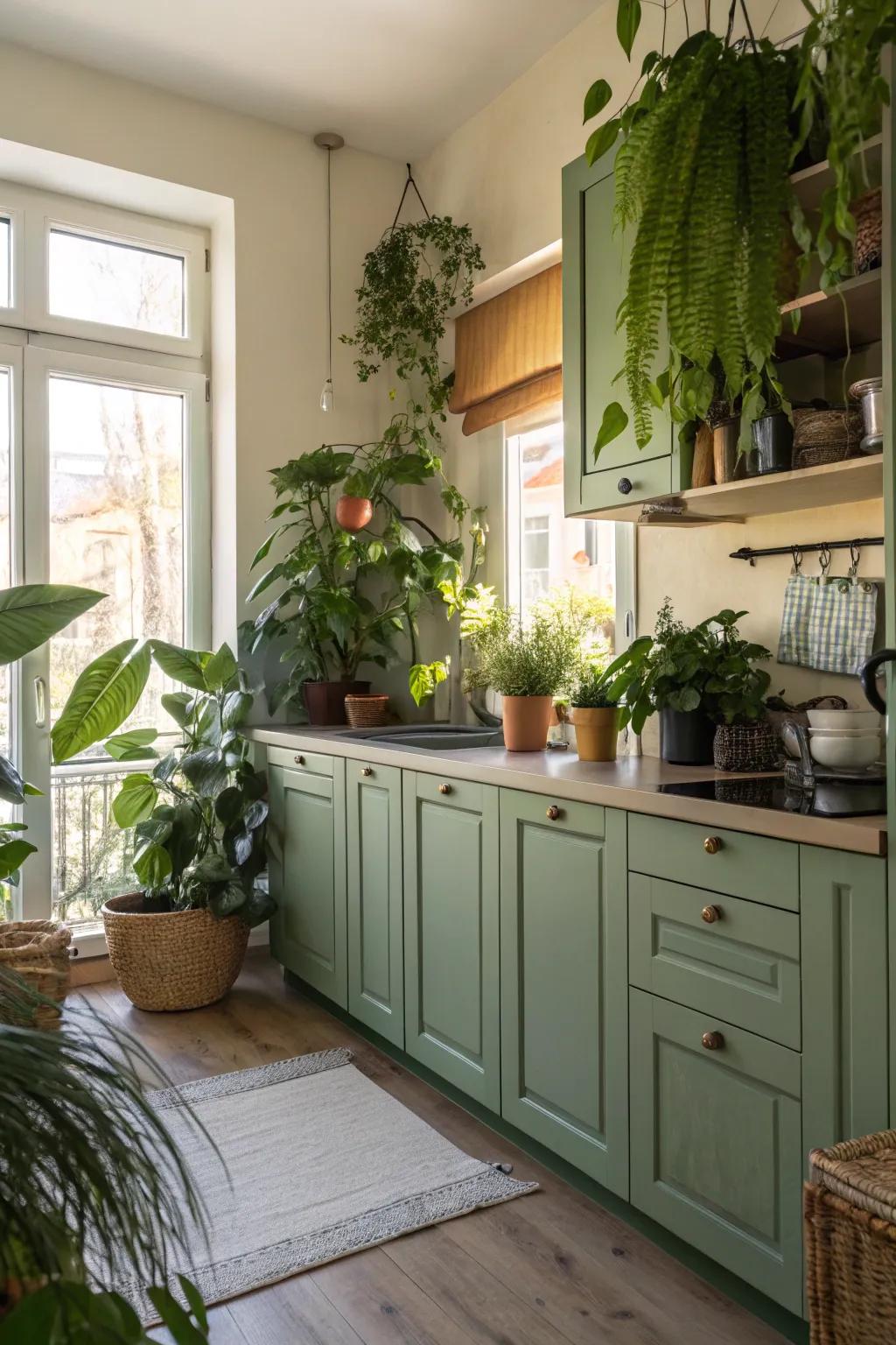 Inside flora infusing existence into a green-themed kitchen.