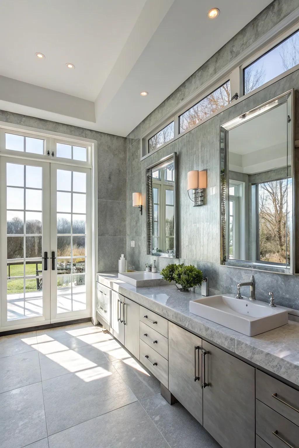 Argent grey walls reflect illumination beautifully, causing this bathroom to feel more open.