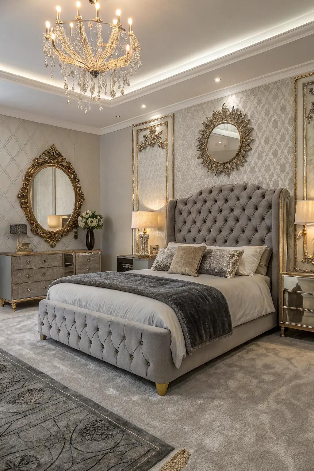 Glamorous elements introduce an opulent detail to the bedroom with grey carpet.