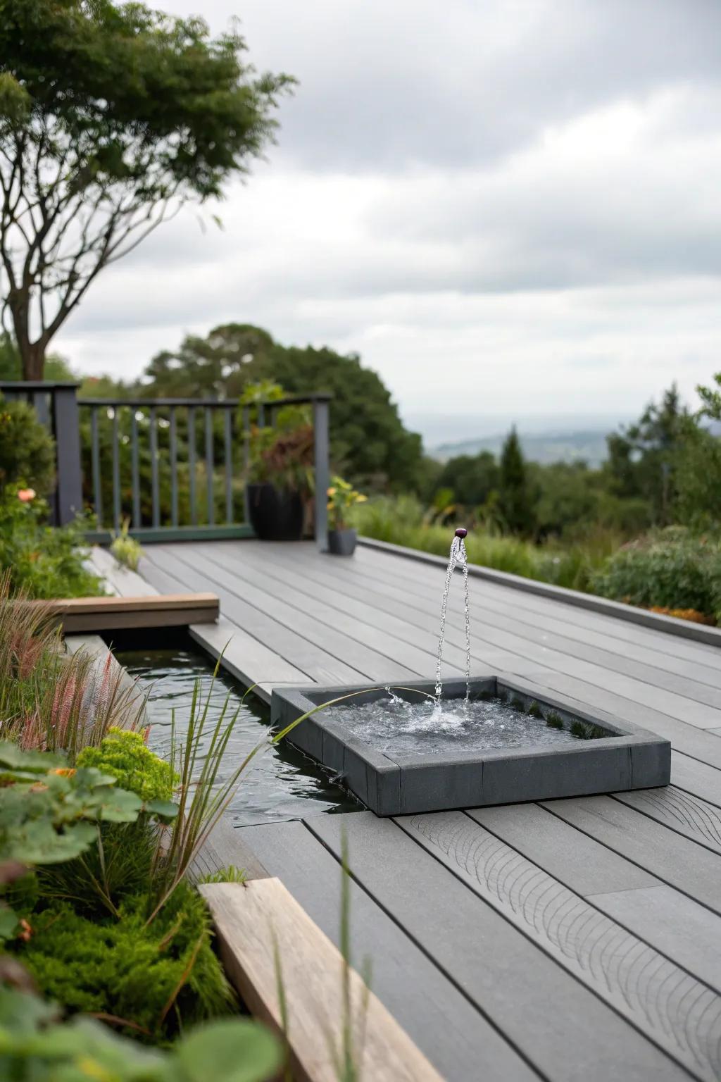 Relaxing water feature enhancing a grey deck.
