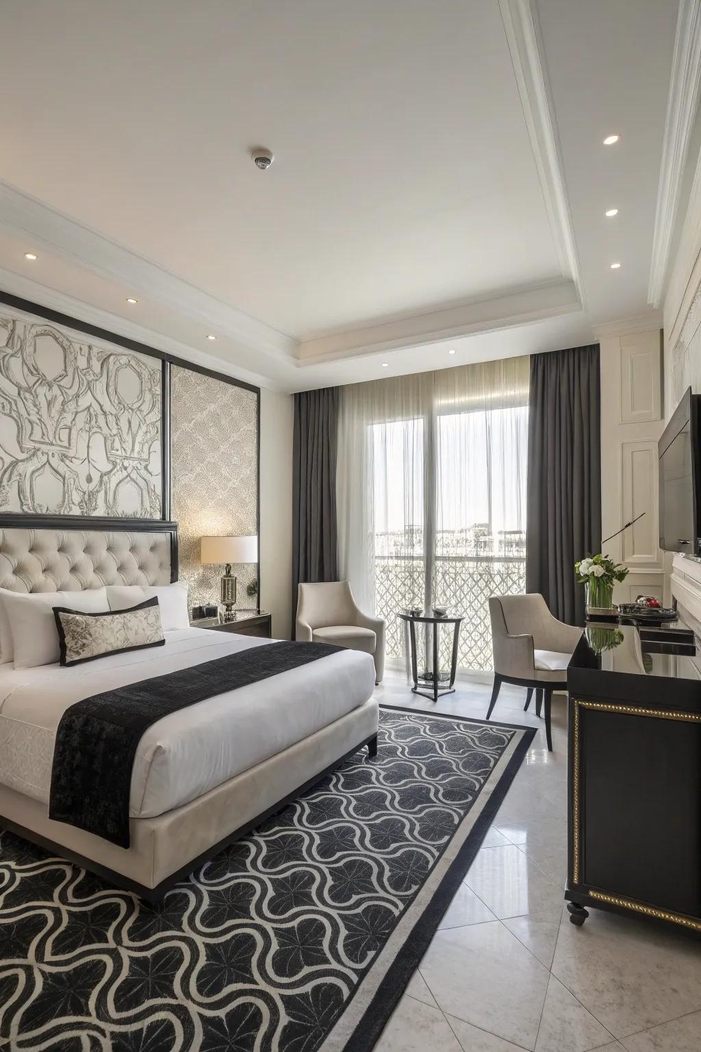 A chic guest room featuring an ageless ebony and ivory palette.