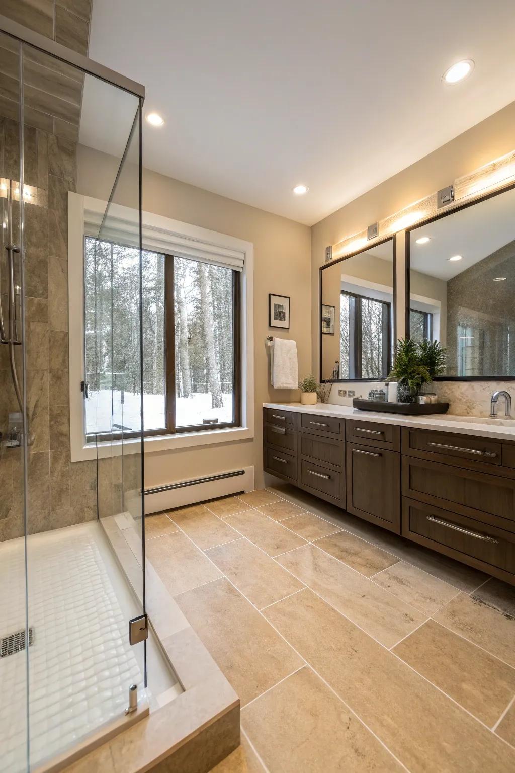 Heated floors endow luxury along with solace inside a hall bathroom.