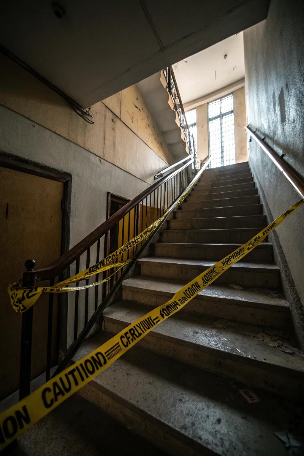 A stairway wrapped in hazard tape for a spooky entrance.