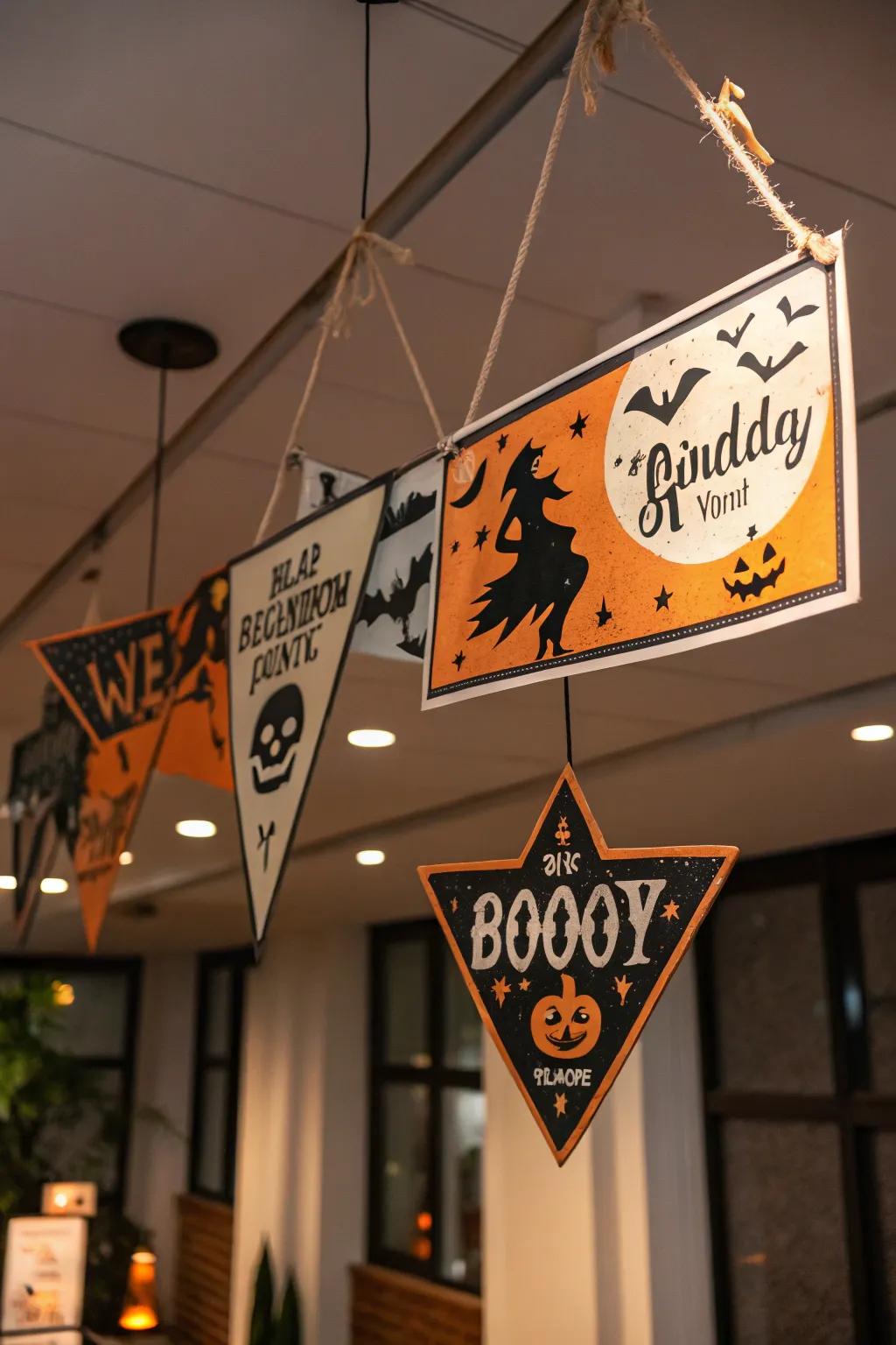 Floating signs creating an ethereal Halloween atmosphere.