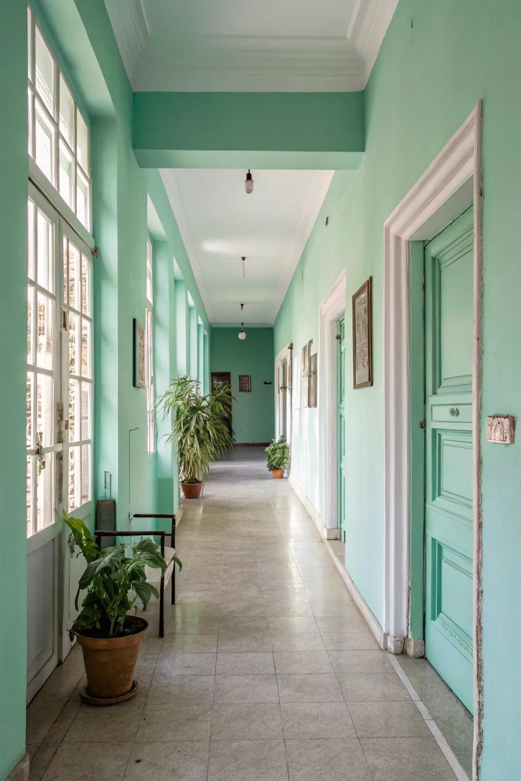 Spearmint green conveys a refreshing and breezy feel to hallways.