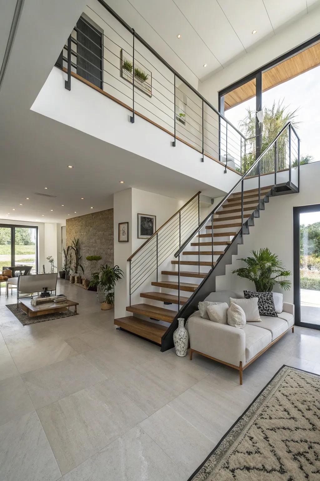A striking levitating staircase amplifies contemporary finesse.