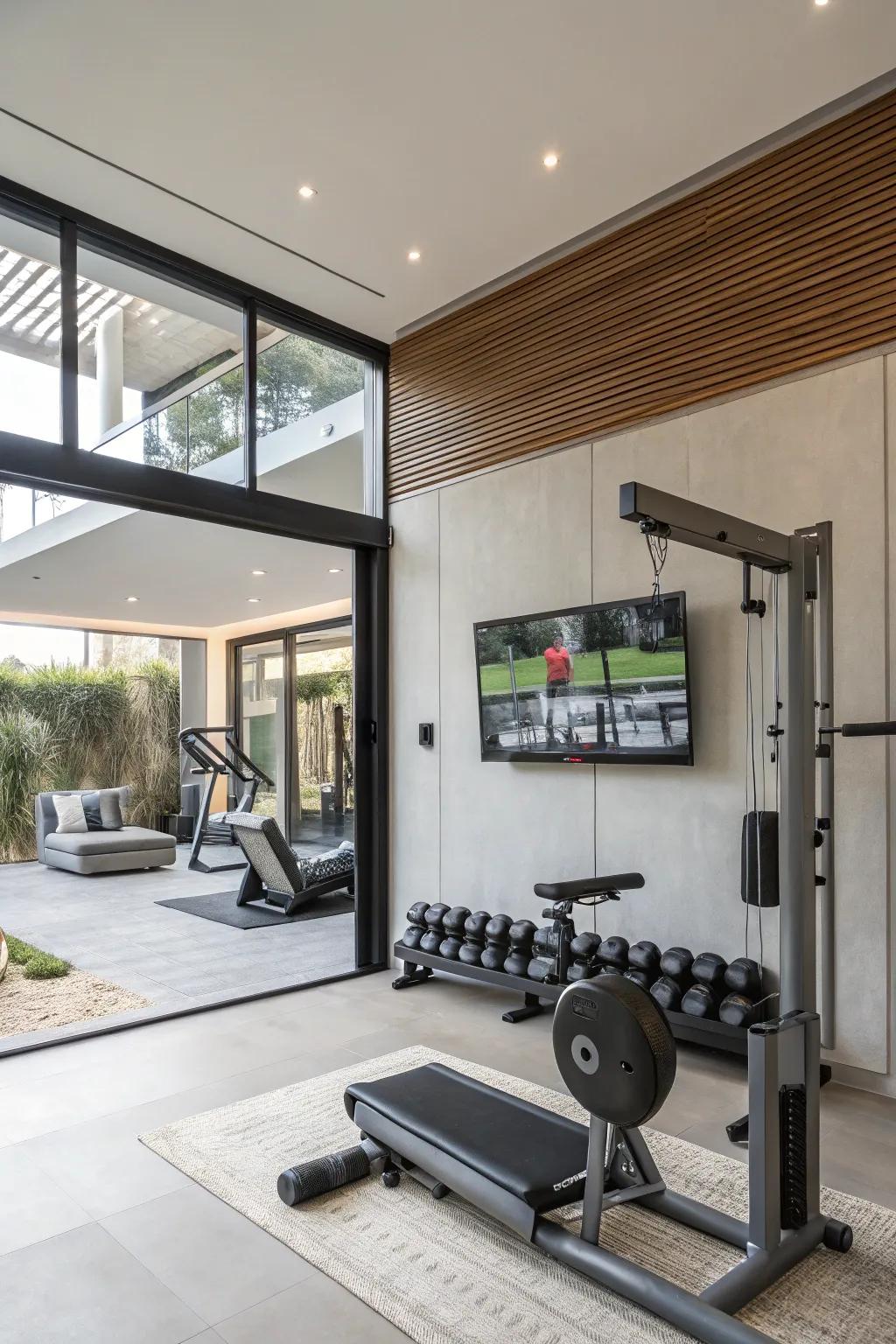 Wall-mounted TV: Blending entertainment with fitness.