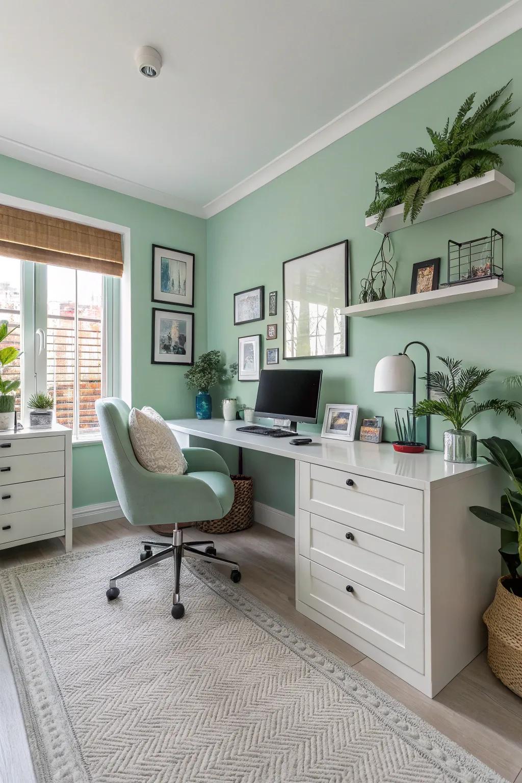 Mint partitions fashion an invigorating and enlivening ambiance in this contemporary personal office.